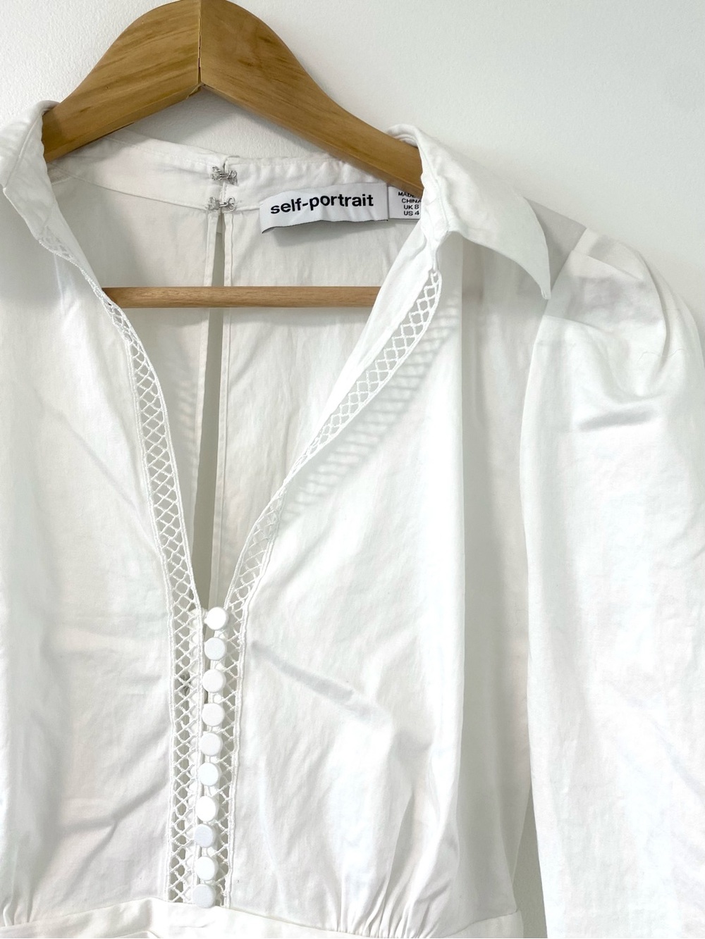 Self-Portrait Peplum Lace Top Open Back Poplin Blouse Long Sleeve Stretch Cotton - Picture 6 of 9